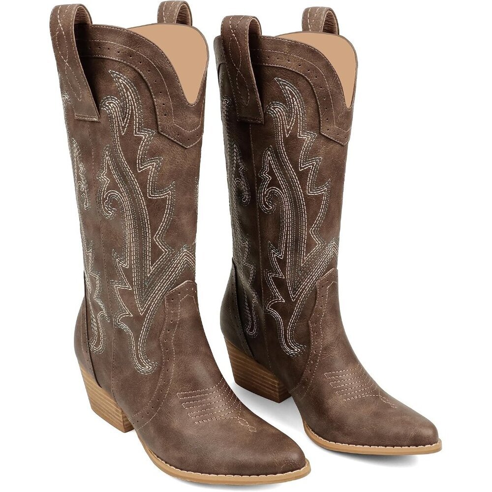 ⚡Women's Brown Mid Calf Cowboy Boots Pointy Toe Boot Embroidered Western